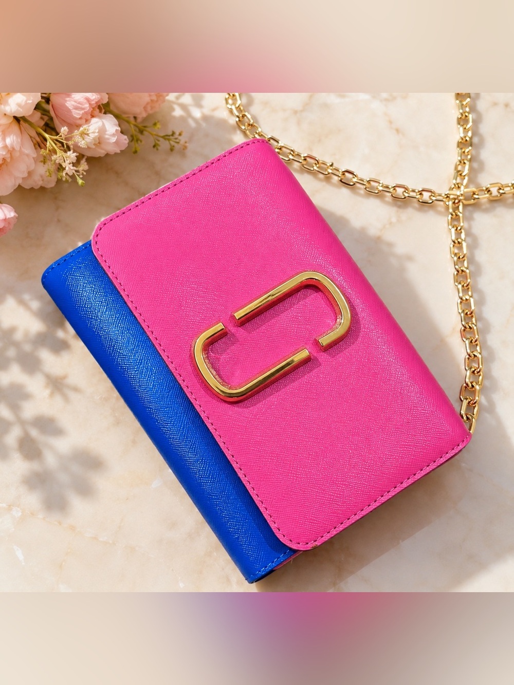 Like New MARC JACOBS Pink and Cobalt Blue Crossbody Wallet with Gold Chain
